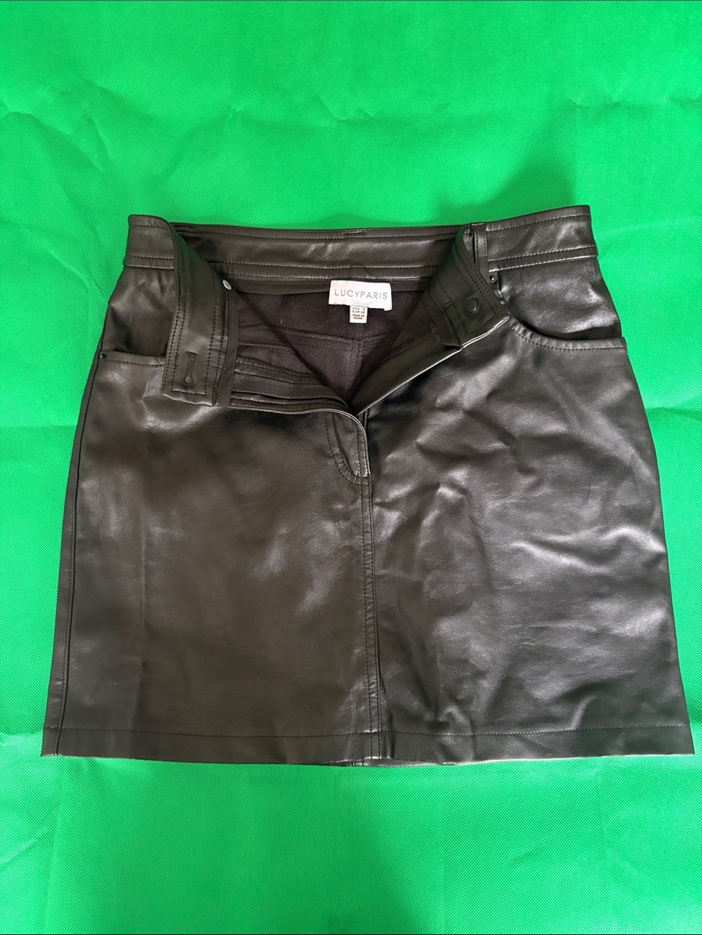Lucy Paris Black Faux Leather Mini Skirt with Front Stitch Detail